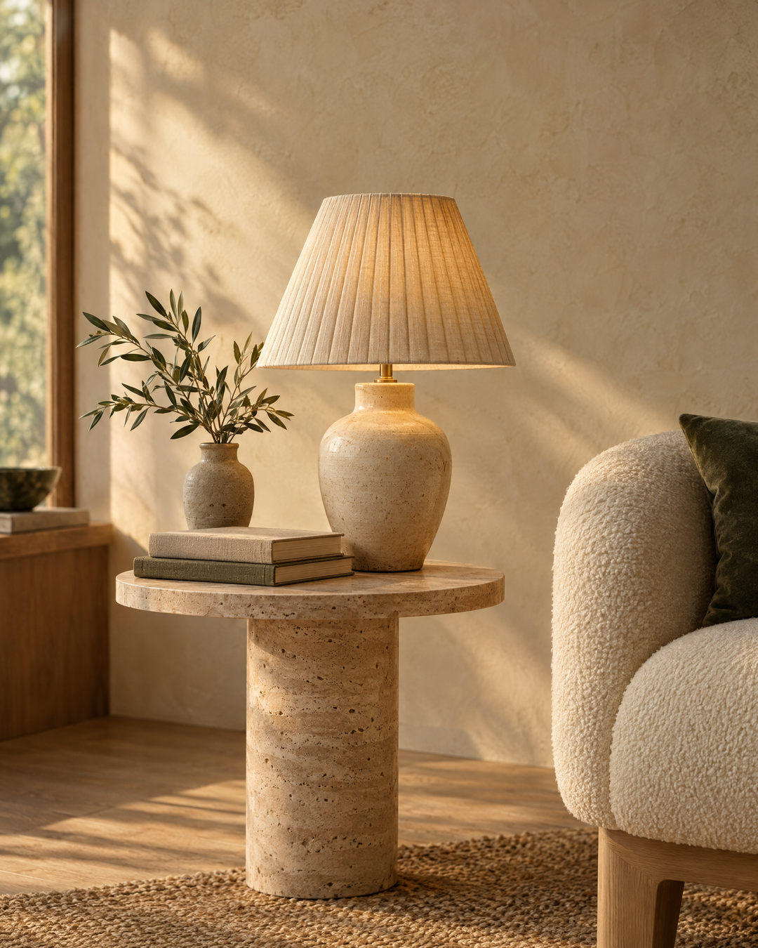Ceramic table lamp with linen shade glowing on a travertine side table