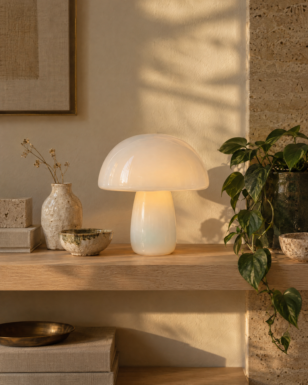 Opal glass mushroom lamp glowing on an oak shelf with ceramics