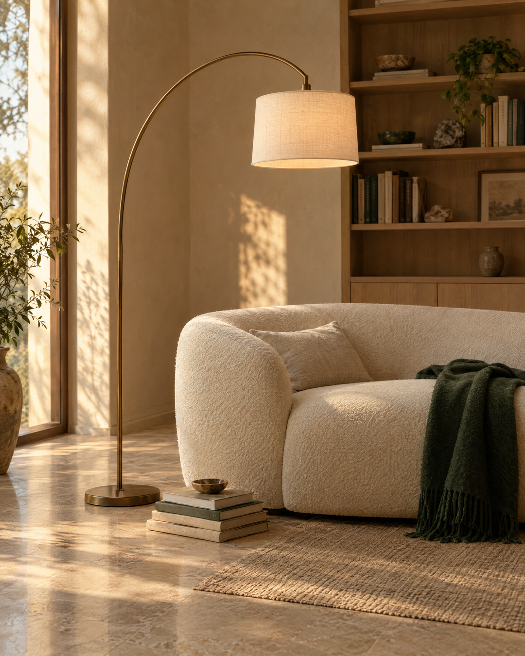 Arched floor lamp glowing over a cream boucle sofa in a reading corner