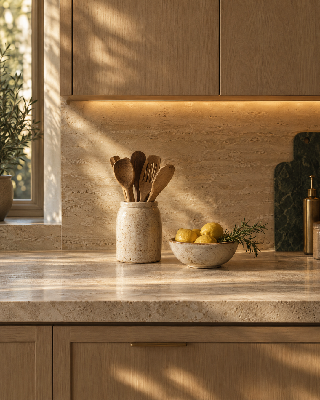 Warm under-cabinet lighting over a travertine kitchen countertop