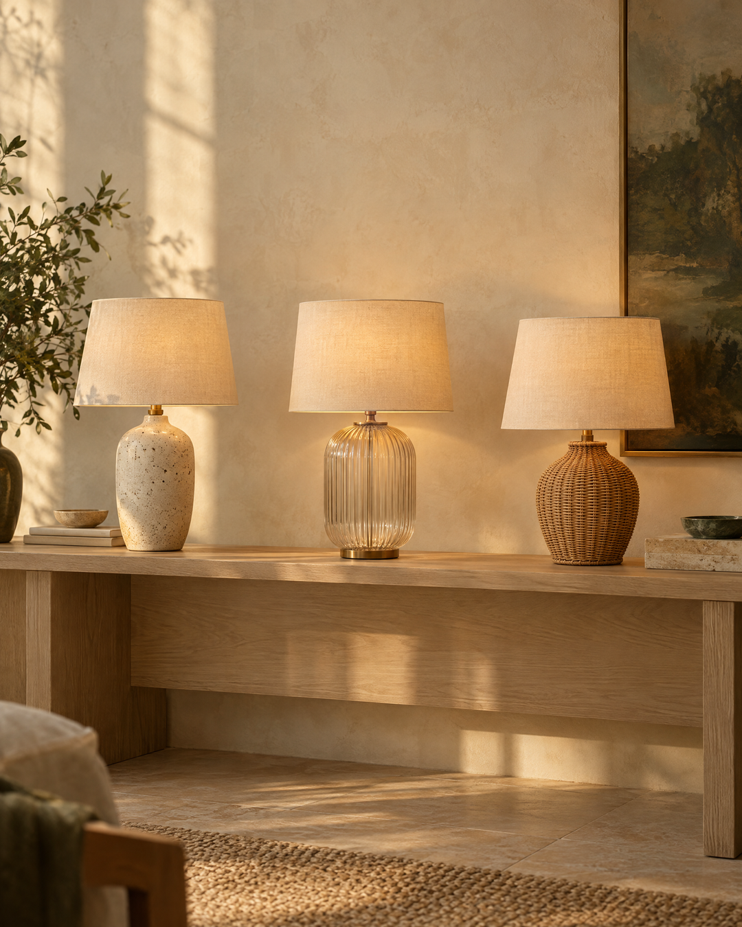 Ceramic, ribbed glass and rattan table lamps glowing on an oak console