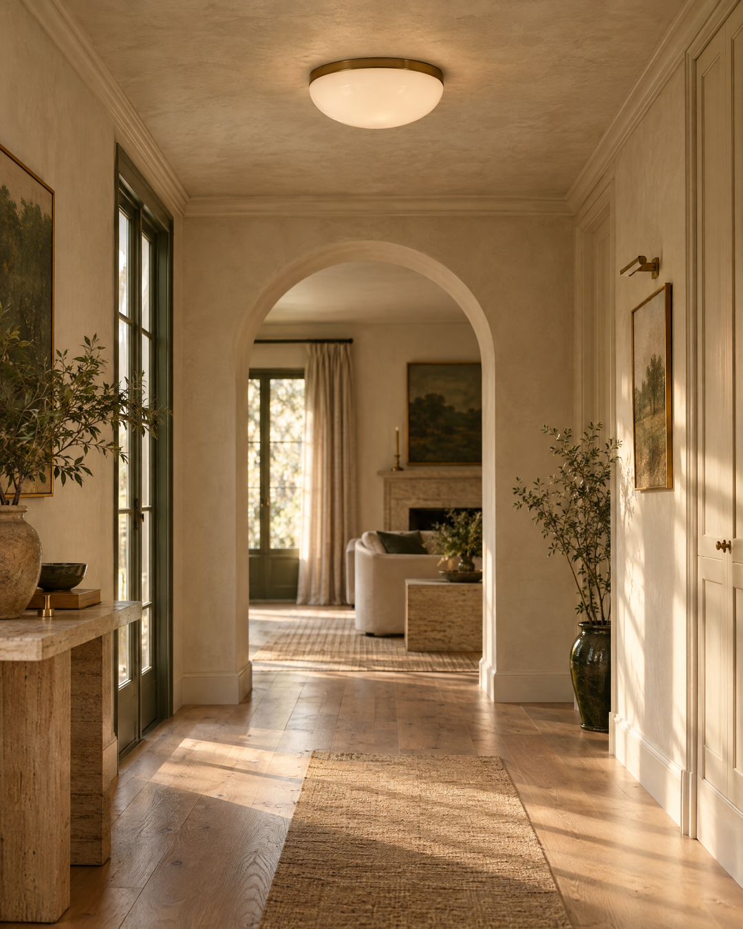 Opal glass flush-mount ceiling light with brass rim in a calm hallway