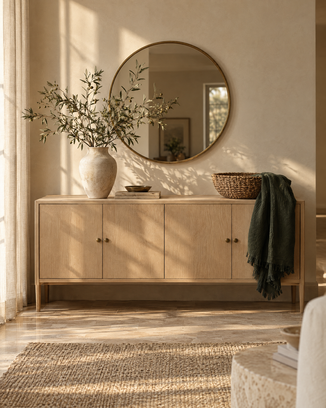 Styled oak sideboard with ceramic vase, brass mirror and woven basket