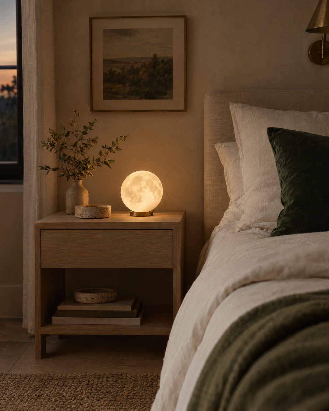 Glowing globe night light on an oak bedside table at dusk