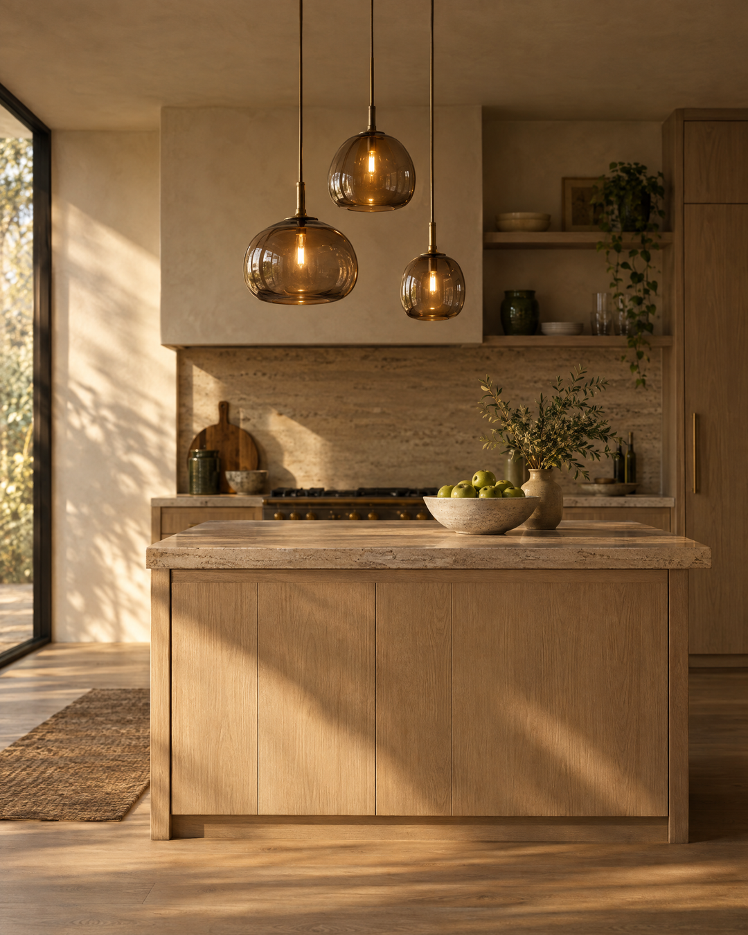 Amber glass pendant lights over an oak and travertine kitchen island