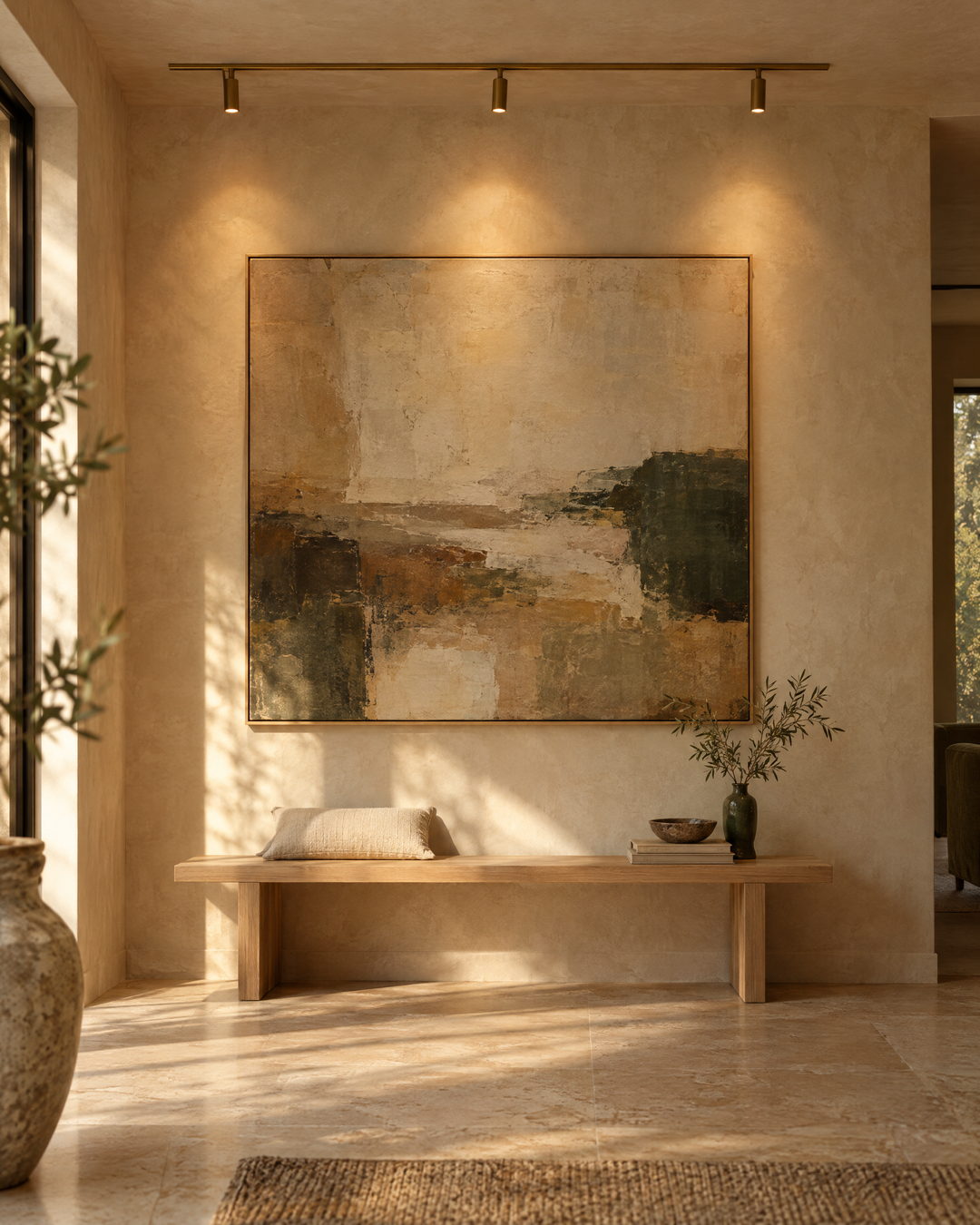 Brass ceiling track spotlights lighting an abstract painting