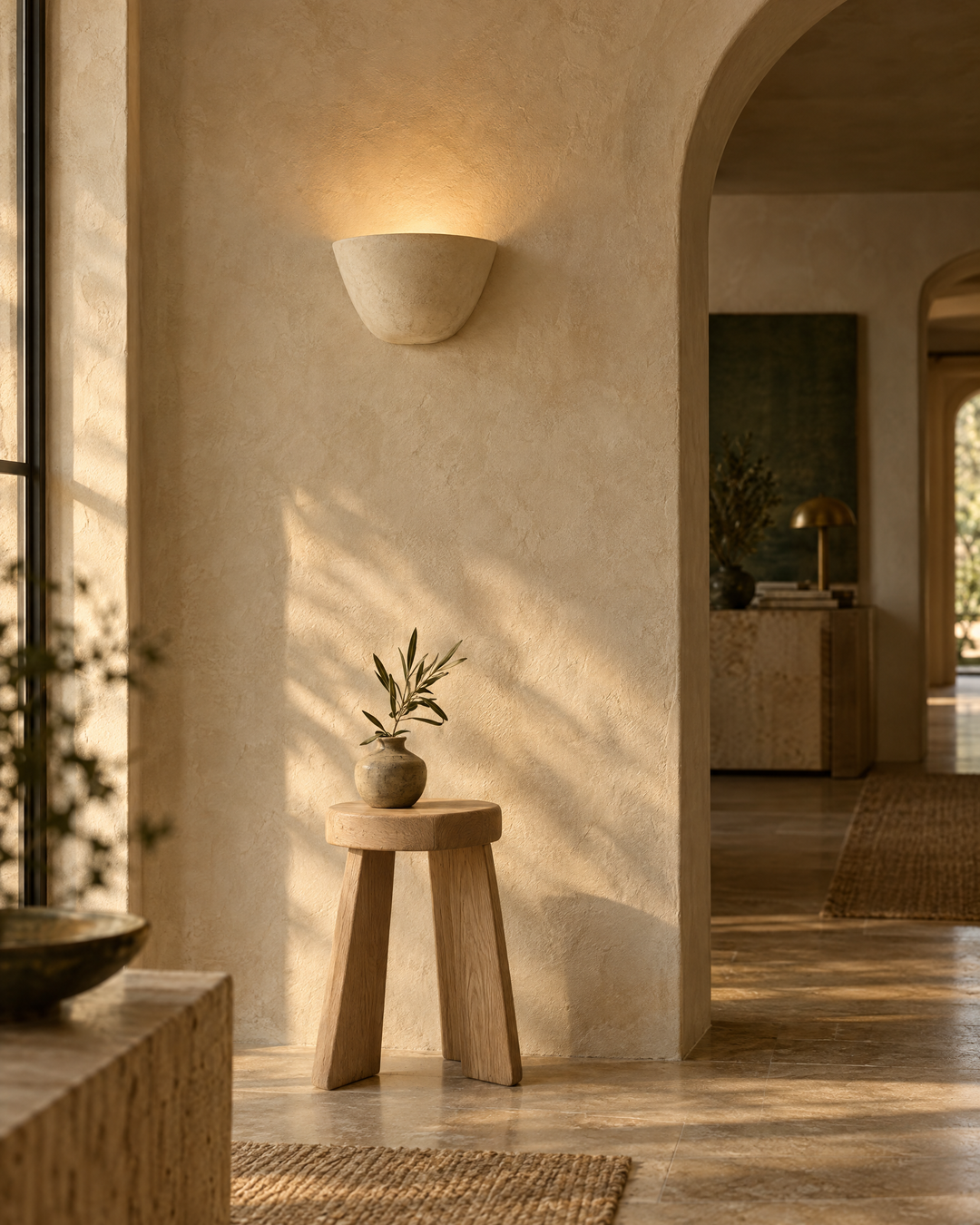 Sculptural plaster wall sconce beside an arched doorway