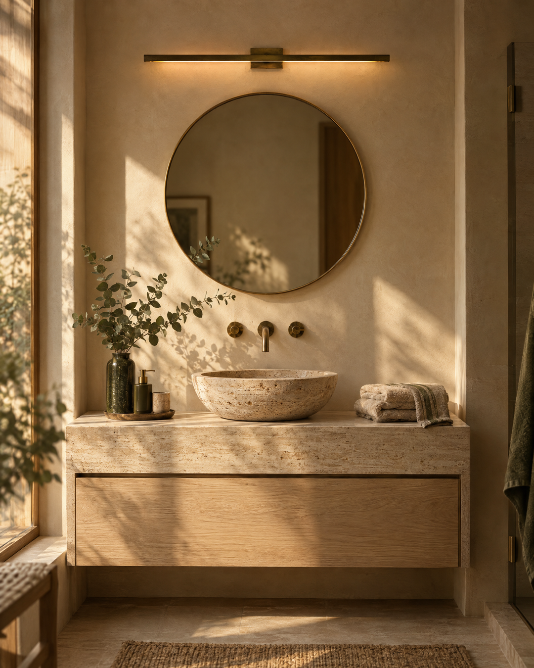 Linear brass wall light above a mirror and travertine bathroom vanity