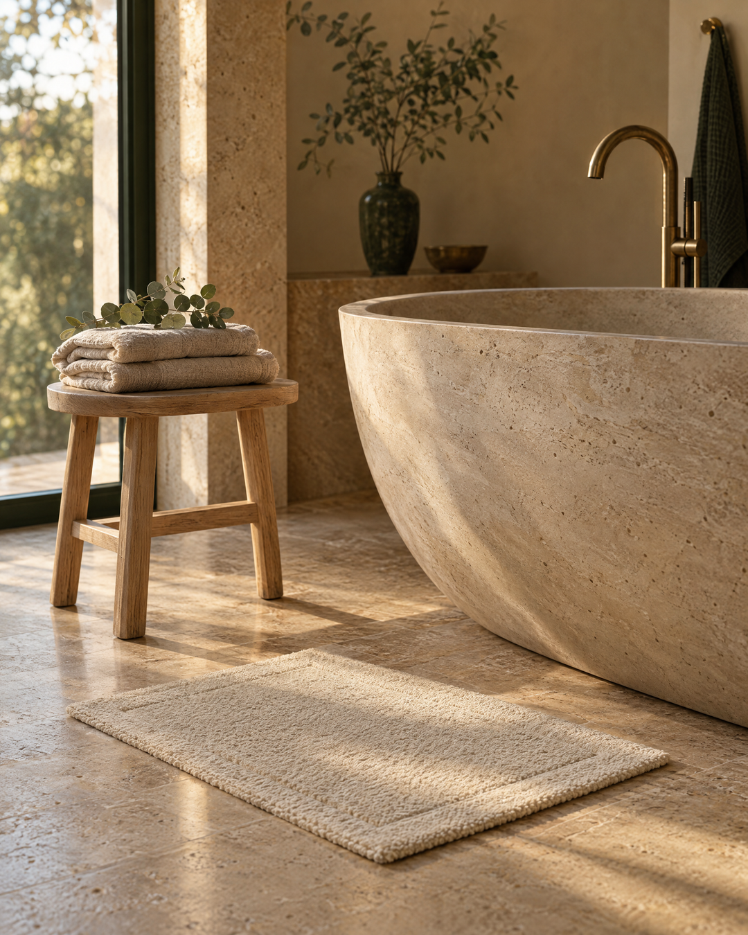 Cream bath mat on a travertine floor beside a stone bathtub