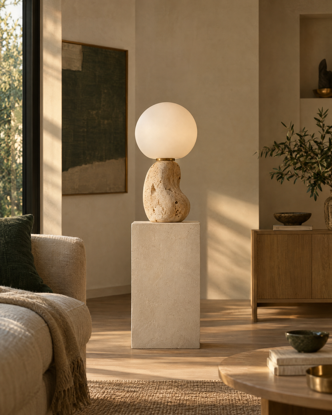 Sculptural travertine table lamp with globe shade in a minimal living room