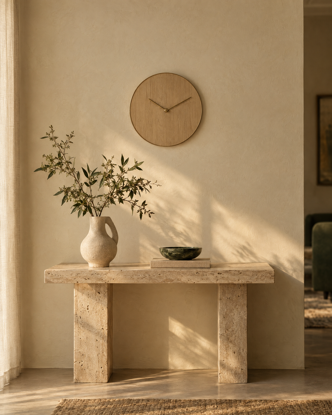 Minimalist oak wall clock with brass hands above a travertine console