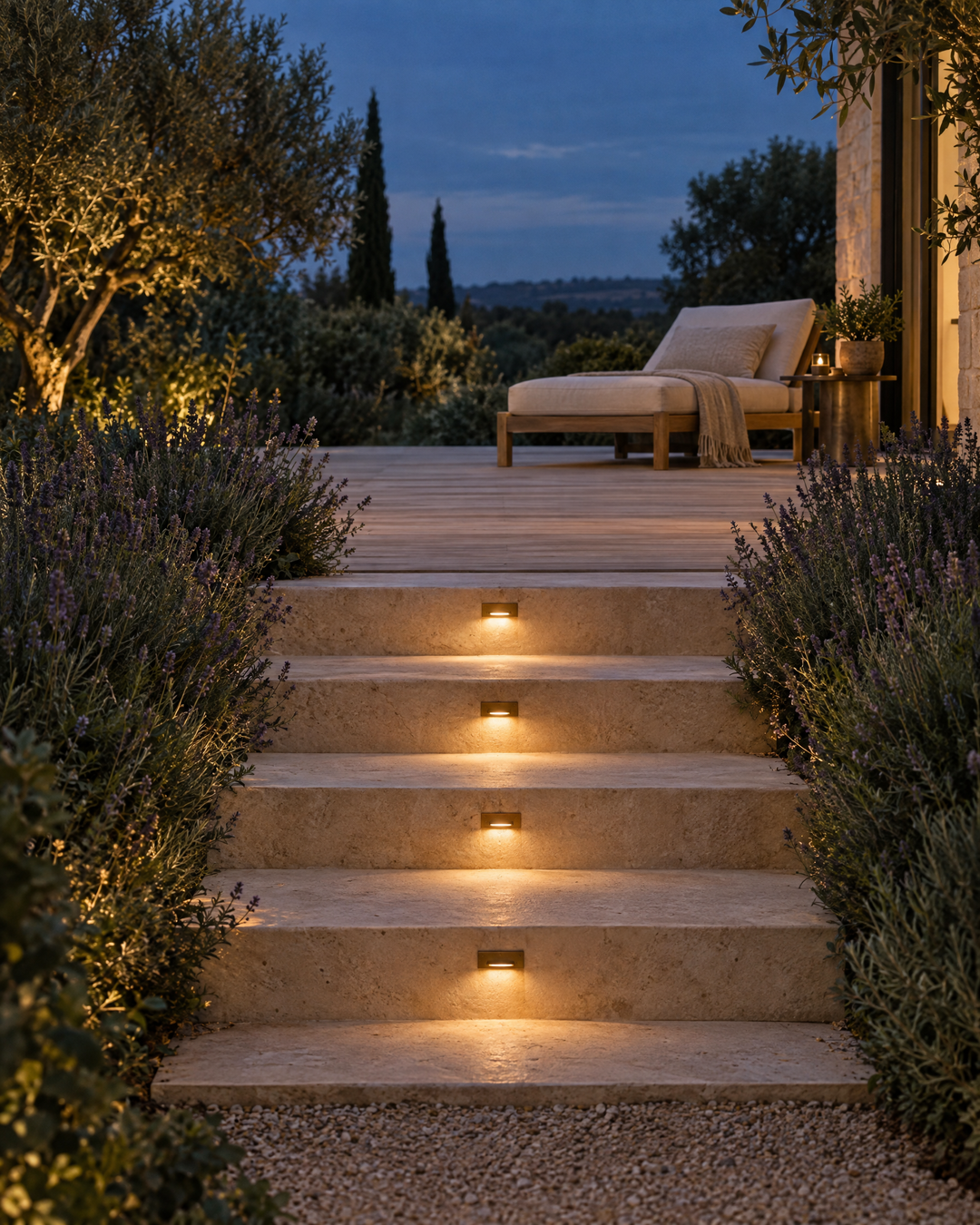 Recessed step lights in limestone garden steps at dusk