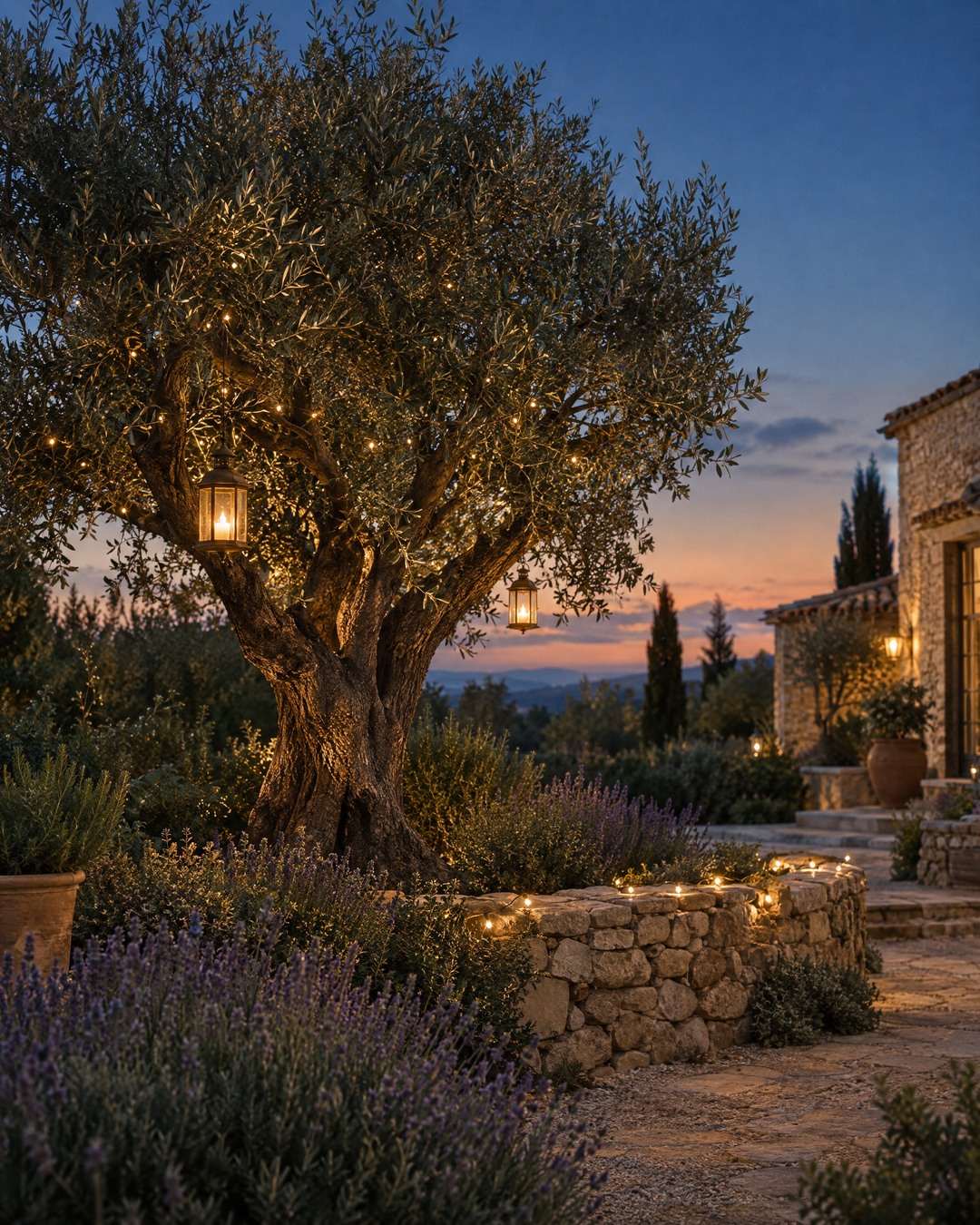Solar lanterns and string lights glowing in an olive tree at dusk