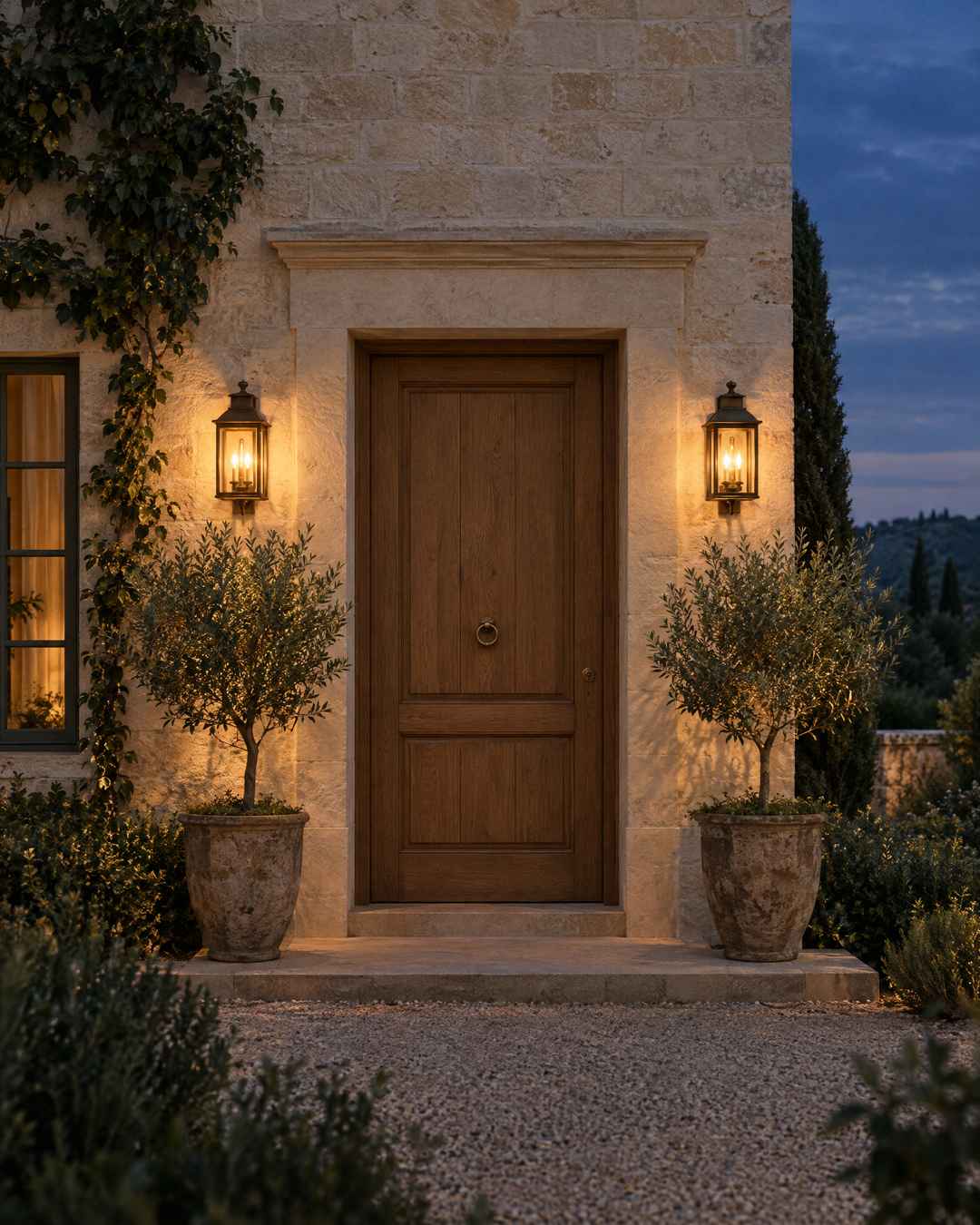 Outdoor wall lanterns either side of an oak front door at dusk