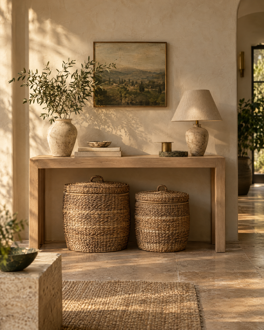 Woven seagrass storage baskets with linen throws beneath an oak console