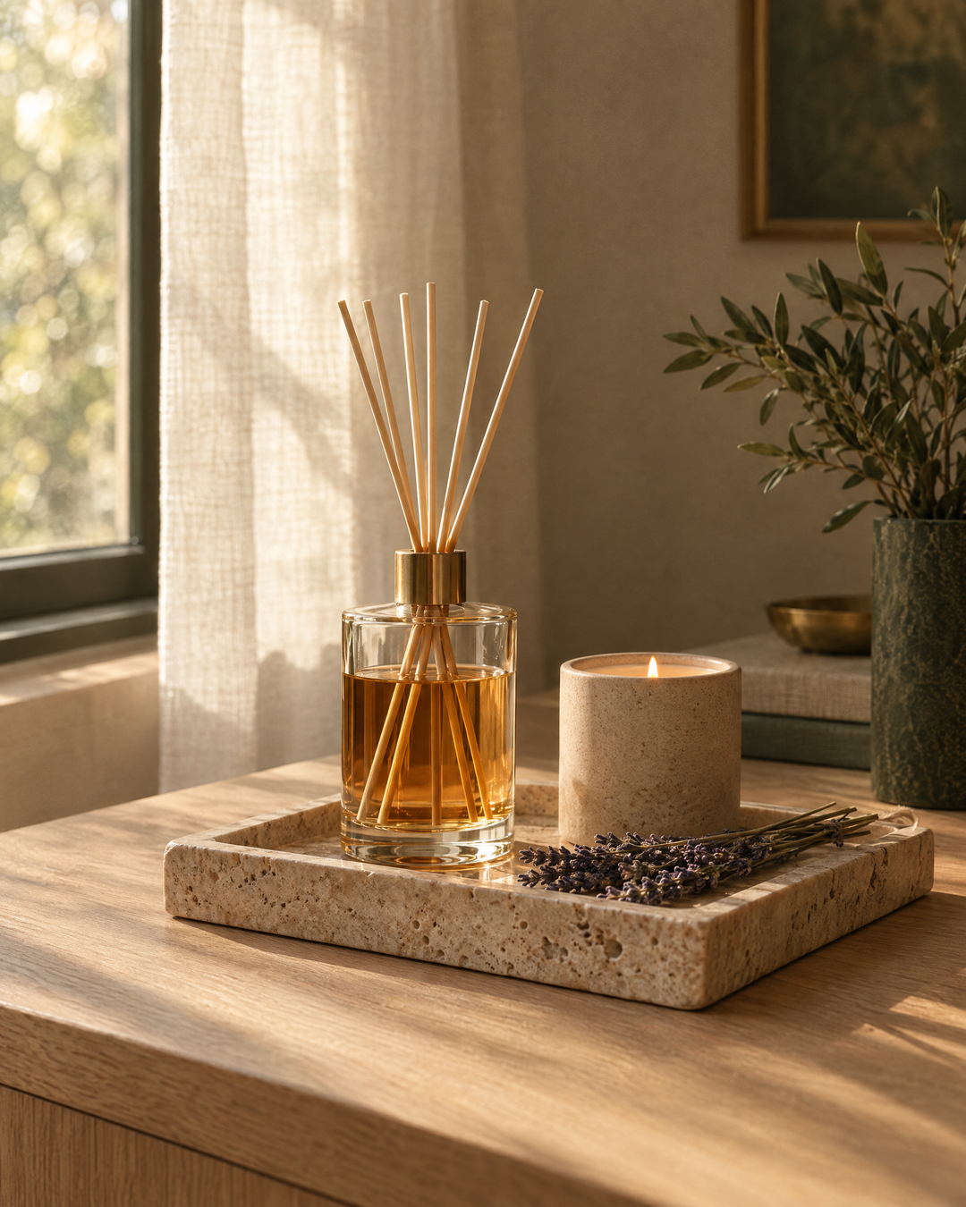 Reed diffuser and candle on a travertine tray by a window