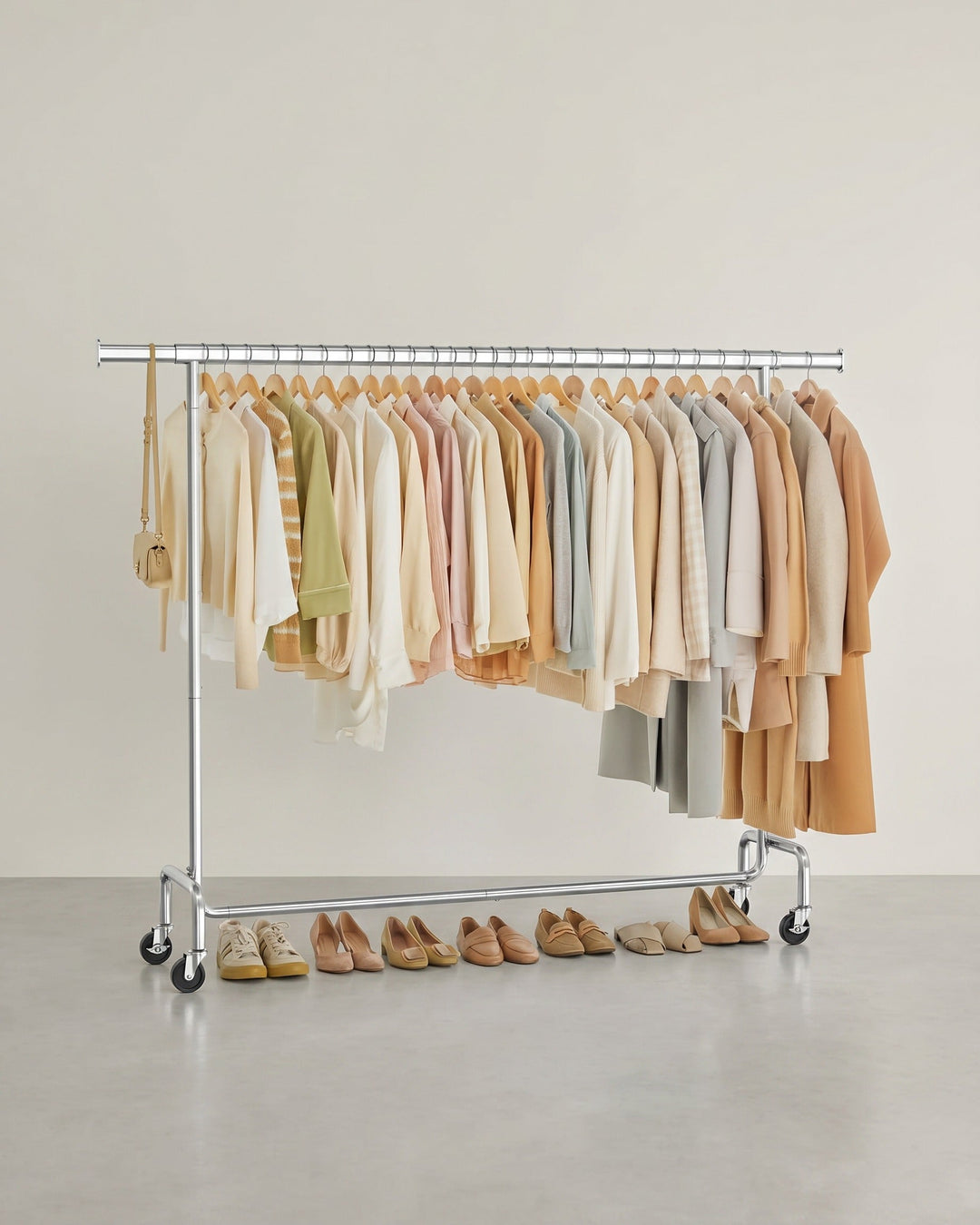 Adjustable Rolling Clothes Rack - Extendable Steel Garment Rail