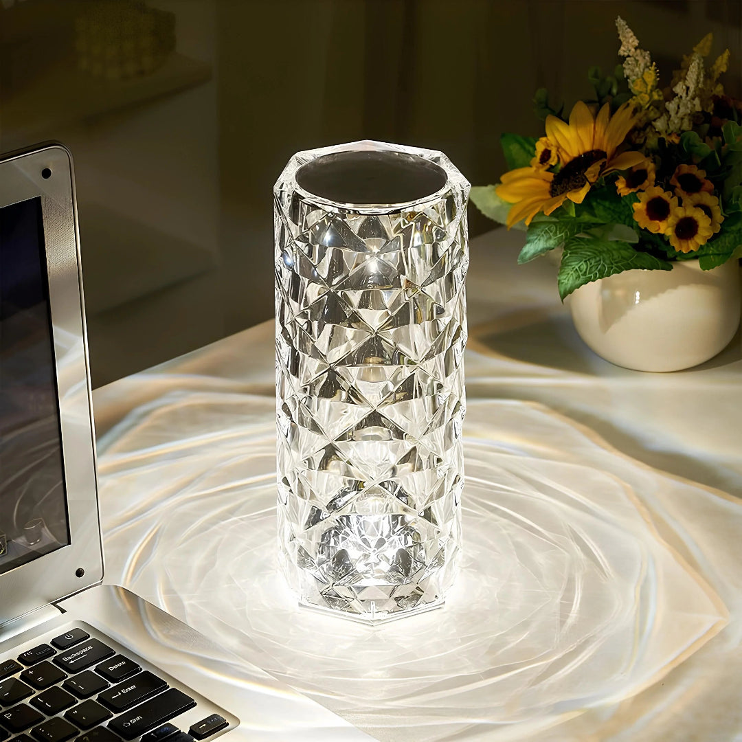 Crystal Table Lamp - Faceted Cylinder Light with Pattern Projection