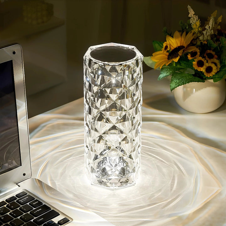 Crystal Table Lamp - Faceted Cylinder Light with Pattern Projection