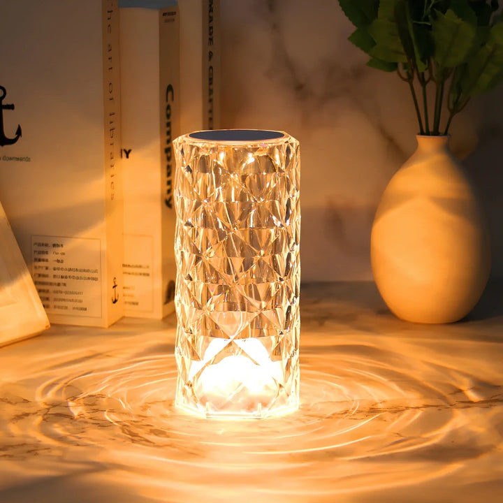 Crystal Table Lamp - Faceted Cylinder Light with Pattern Projection