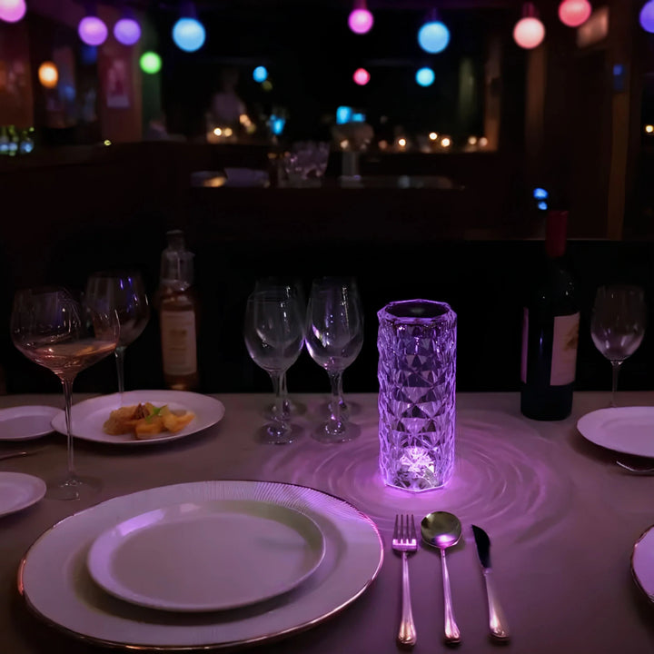 Crystal Table Lamp - Faceted Cylinder Light with Pattern Projection