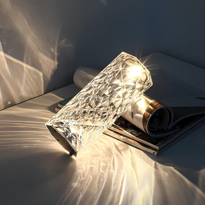 Crystal Table Lamp - Faceted Cylinder Light with Pattern Projection