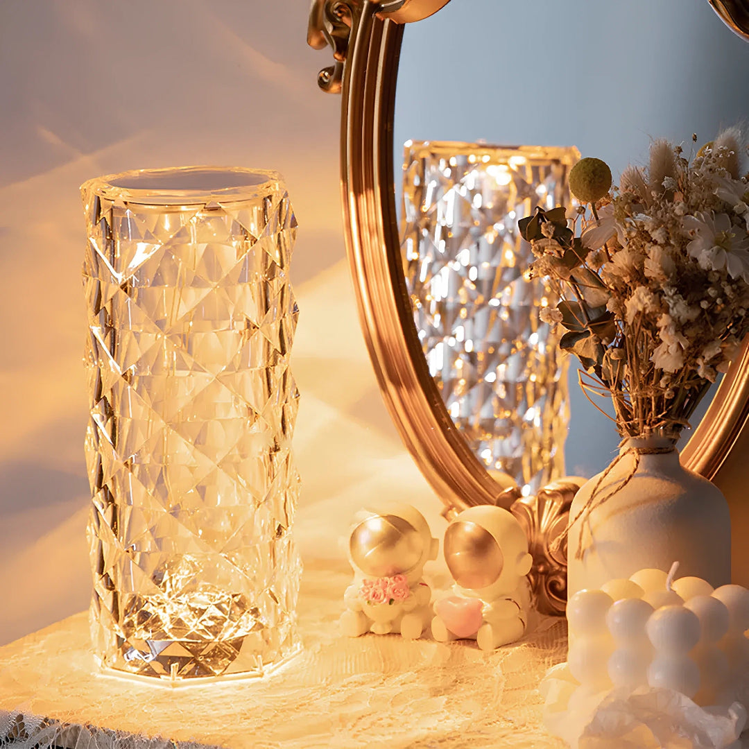 Crystal Table Lamp - Faceted Cylinder Light with Pattern Projection