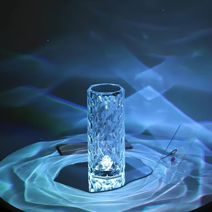 Crystal Table Lamp - Faceted Cylinder Light with Pattern Projection