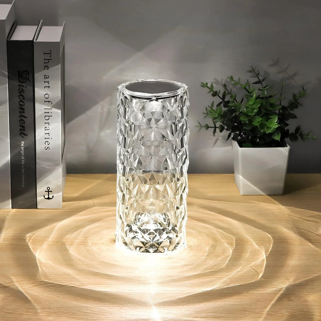 Crystal Table Lamp - Faceted Cylinder Light with Pattern Projection