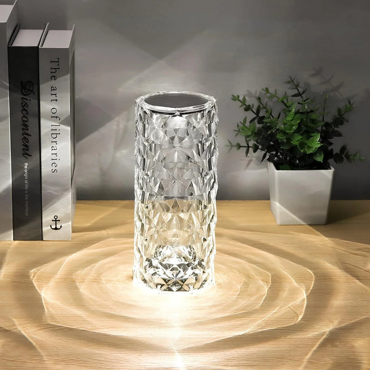 Crystal Table Lamp - Faceted Cylinder Light with Pattern Projection