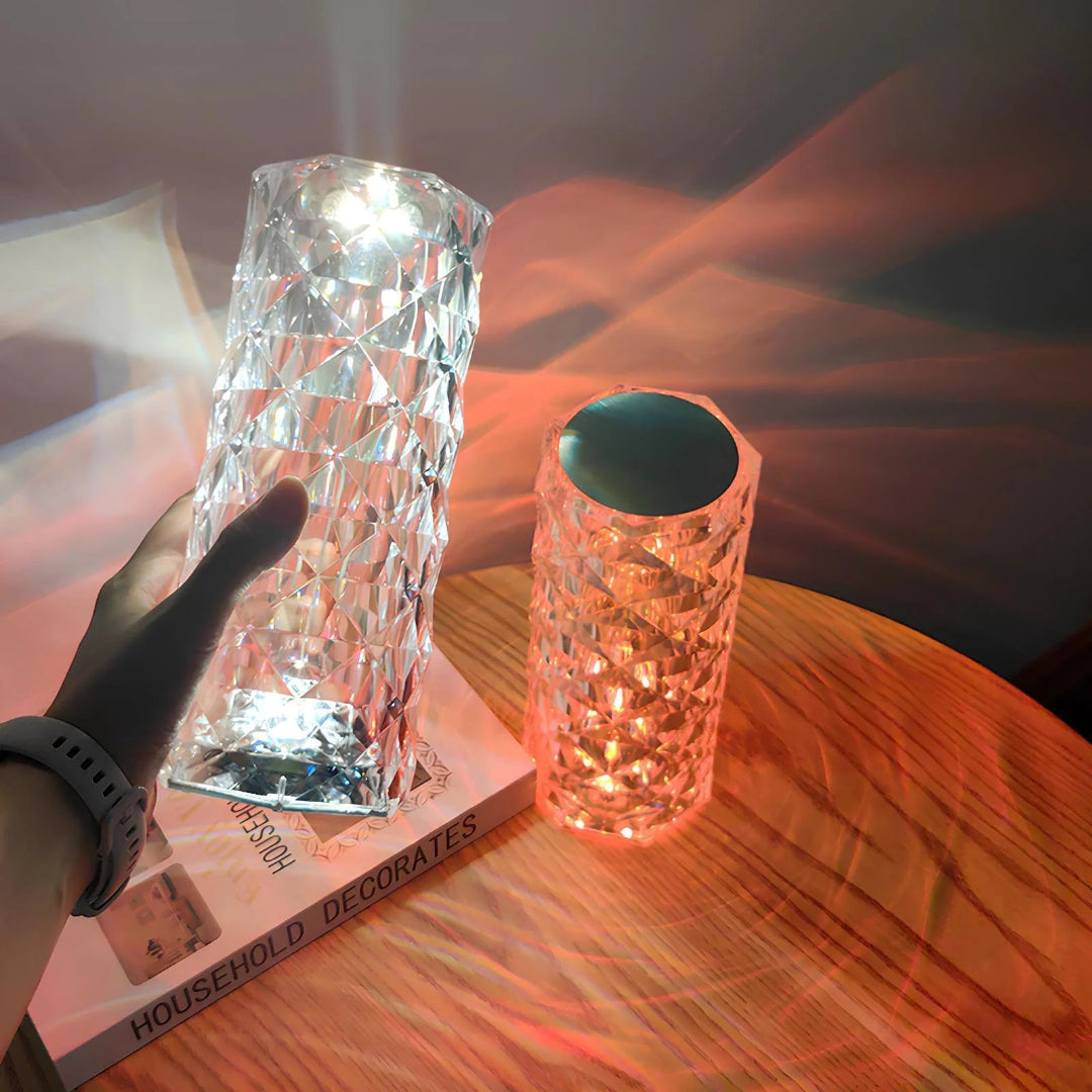Crystal Table Lamp - Faceted Cylinder Light with Pattern Projection