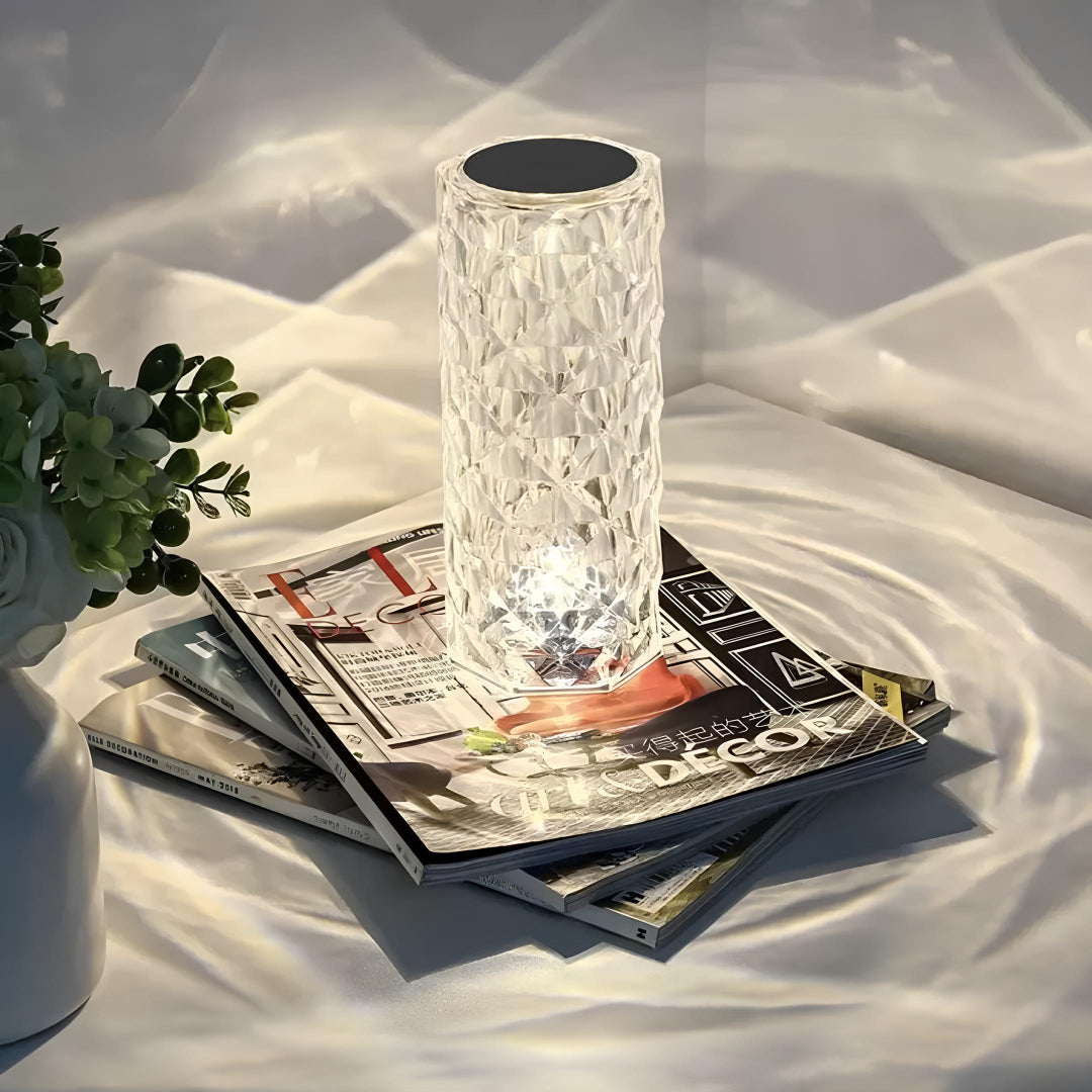 Crystal Table Lamp - Faceted Cylinder Light with Pattern Projection