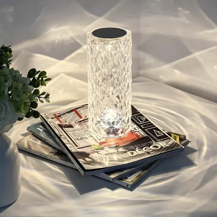 Crystal Table Lamp - Faceted Cylinder Light with Pattern Projection