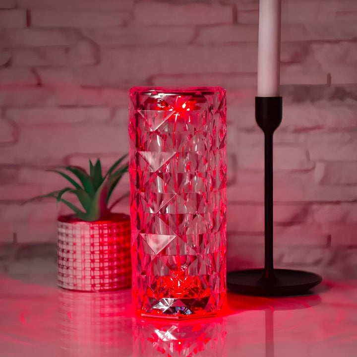 Crystal Table Lamp - Faceted Cylinder Light with Pattern Projection