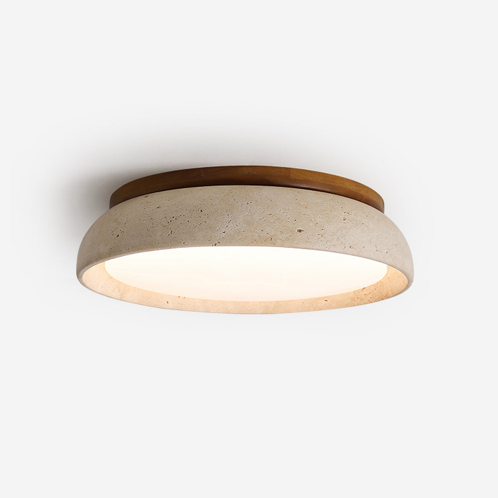 Flush Mount Ceiling Lamp Round Stone and Wood Shade