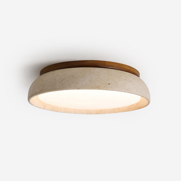 Flush Mount Ceiling Lamp Round Stone and Wood Shade