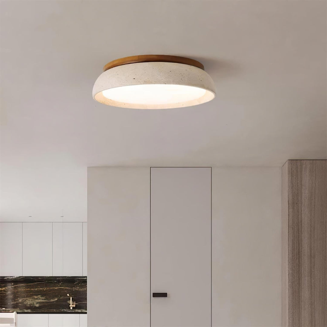 Flush Mount Ceiling Lamp Round Stone and Wood Shade