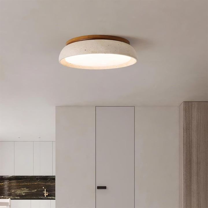 Flush Mount Ceiling Lamp Round Stone and Wood Shade