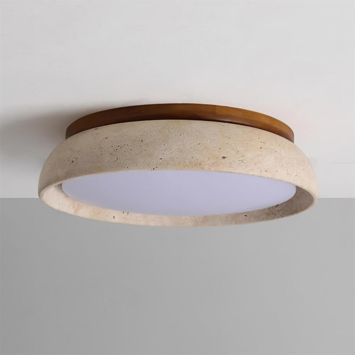 Flush Mount Ceiling Lamp Round Stone and Wood Shade