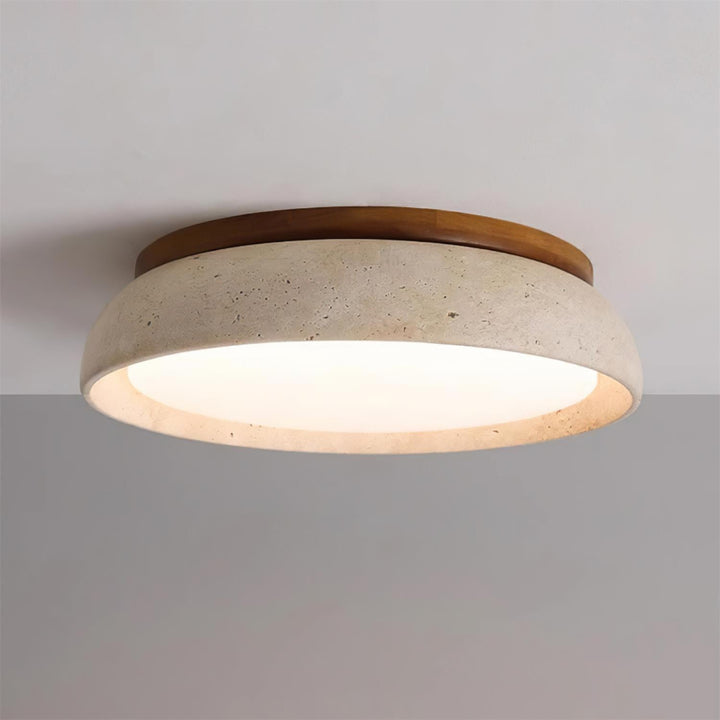 Flush Mount Ceiling Lamp Round Stone and Wood Shade