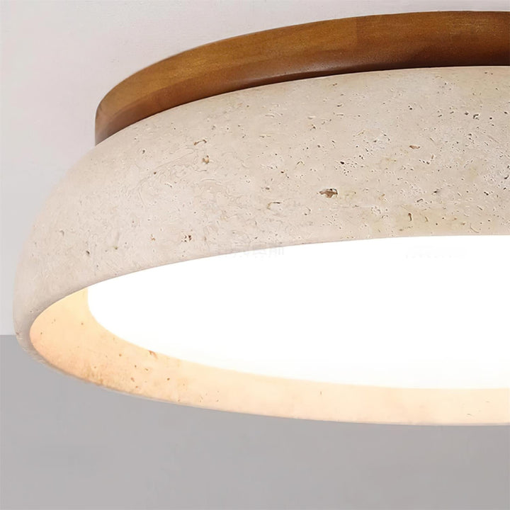 Flush Mount Ceiling Lamp Round Stone and Wood Shade