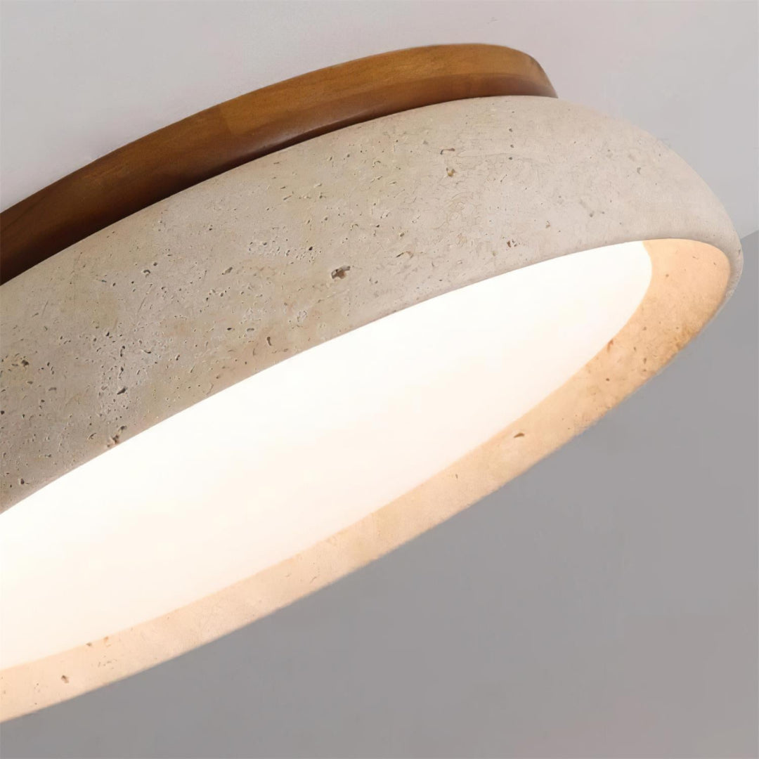 Flush Mount Ceiling Lamp Round Stone and Wood Shade