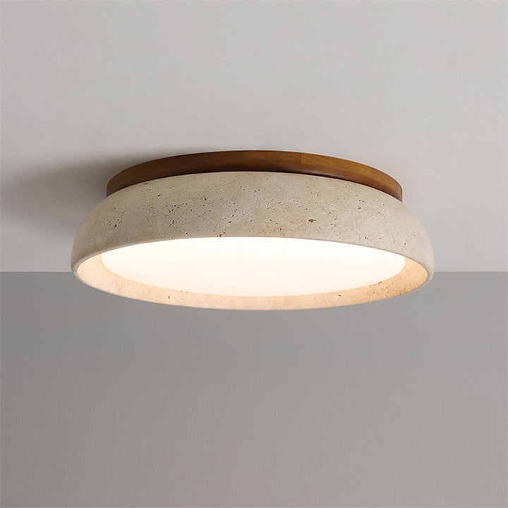 Flush Mount Ceiling Lamp Round Stone and Wood Shade