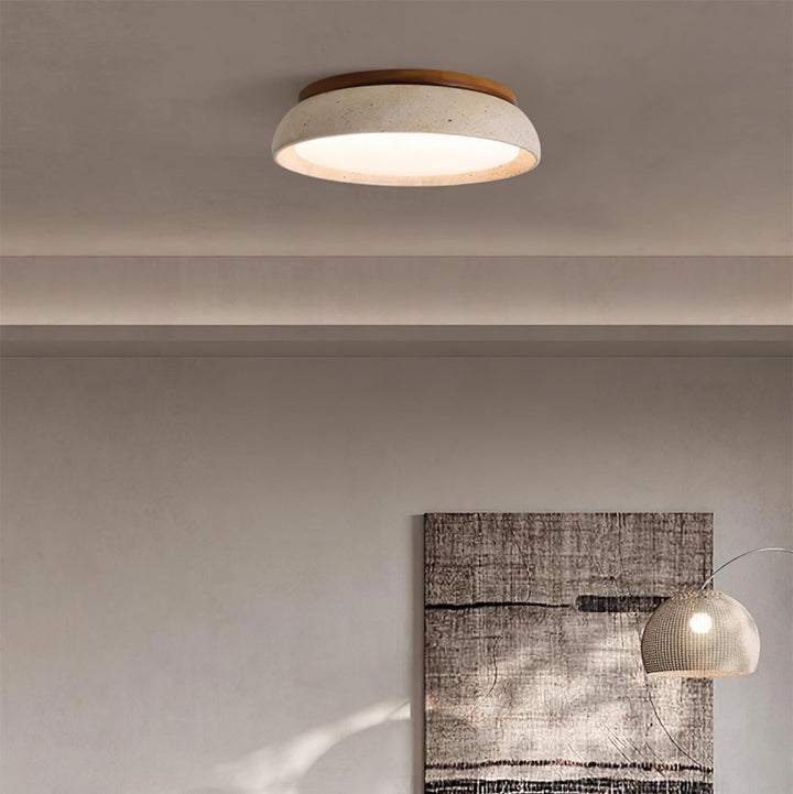 Flush Mount Ceiling Lamp Round Stone and Wood Shade