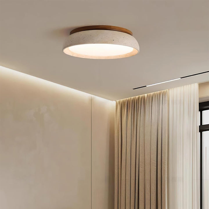 Flush Mount Ceiling Lamp Round Stone and Wood Shade