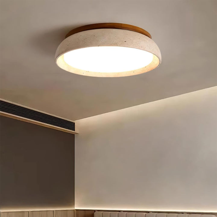 Flush Mount Ceiling Lamp Round Stone and Wood Shade