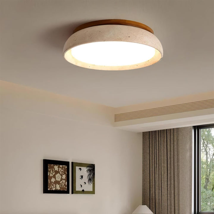 Flush Mount Ceiling Lamp Round Stone and Wood Shade