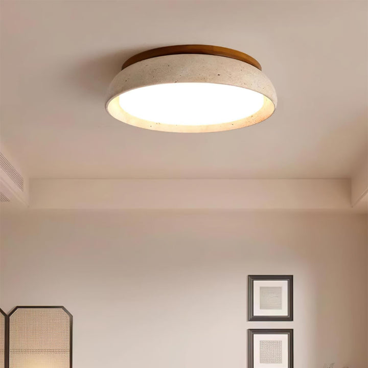 Flush Mount Ceiling Lamp Round Stone and Wood Shade