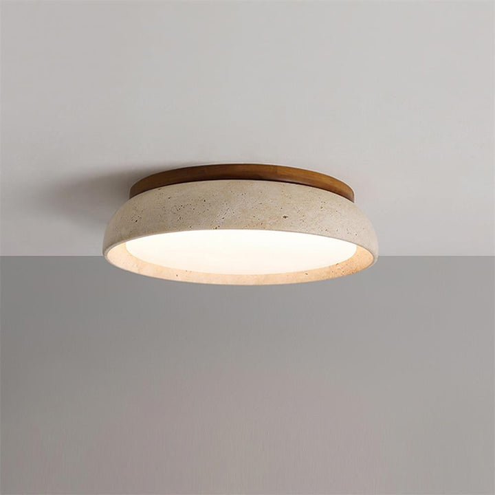 Flush Mount Ceiling Lamp Round Stone and Wood Shade