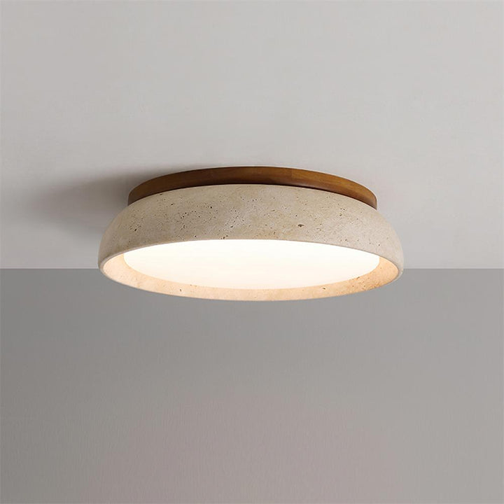 Flush Mount Ceiling Lamp Round Stone and Wood Shade